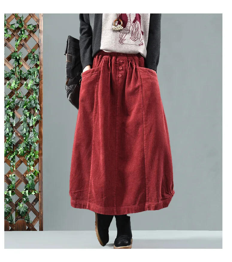 Женская однотонная свободная Вельветовая юбка с эластичной резинкой на талии в стиле ретро, Женские винтажные юбки на осень и зиму, женские юбки с карманами