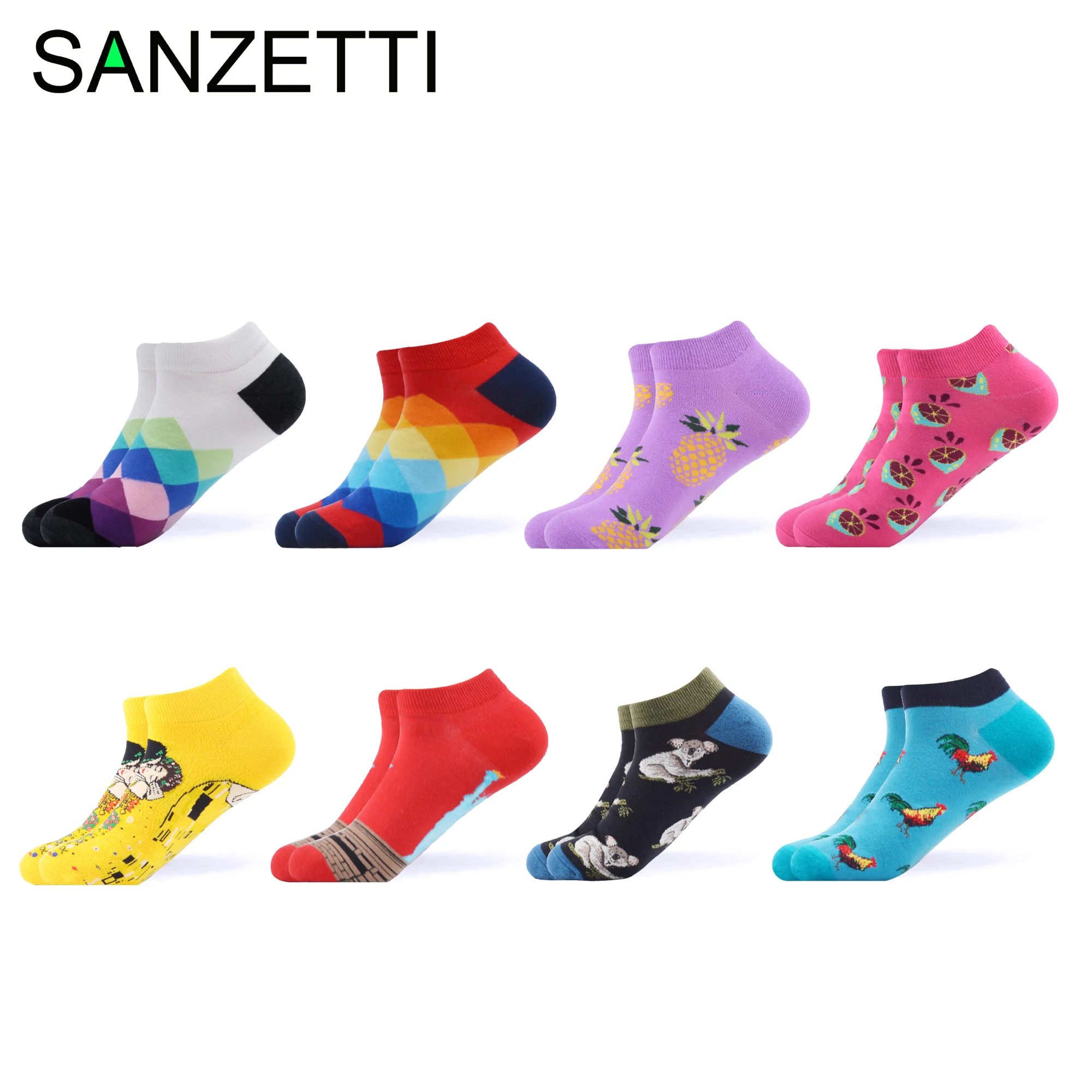

SANZETTI 8 Pair/Lot Summer Novelty Fashion Combed Cotton Women Casual Ankle Socks Pattern Happy Harajuku Short Socks For Girls