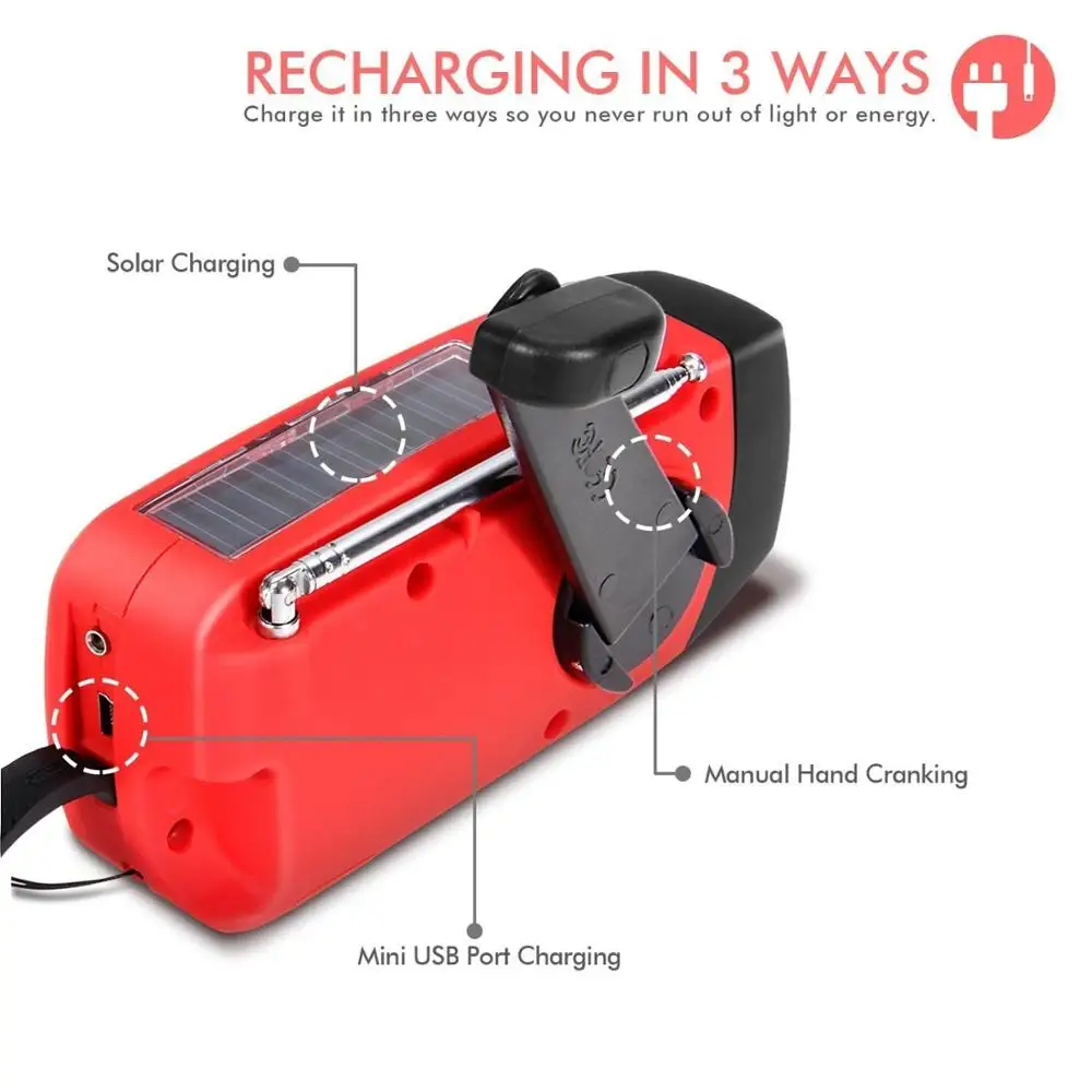 

[2016 Upgraded] Emergency Solar Hand Crank Self Powered AM/FM/NOAA Weather Radio, 50 lumen LED Flashlight and 1000mAh Smart Pho