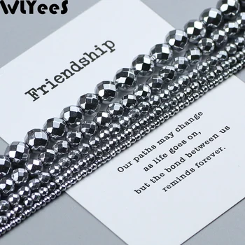 

WLYeeS Plating Silver faceted Hematite beads Natural Stone 2 3 4 6 8 10mm Round Ball Loose Beads for Jewelry Bracelet Making DIY