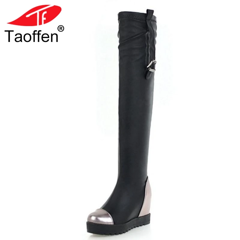 

TAOFFEN Women Winter Thigh High Boots Thick Bottom Warm Fur Shoes Woman Buckle Mixed Color Inside Heels Long Boots Size 34-42
