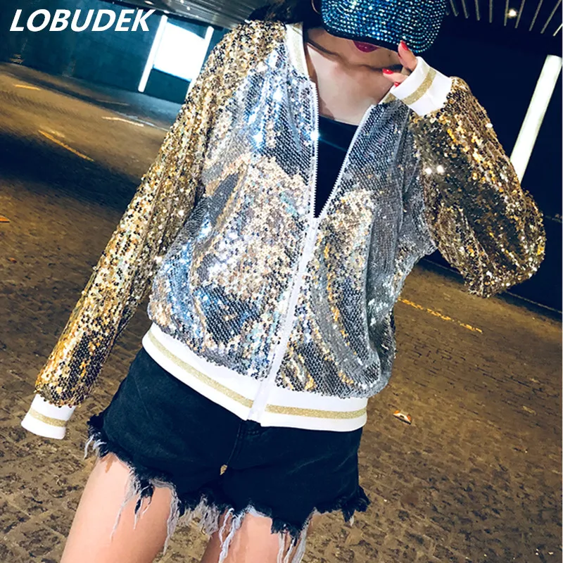 

Zipper Streetwear Women Sequins Baseball Jacket Golden Silver Sequined Jacket Spring Autumn Lady Loose Casual Coat Short Outwear