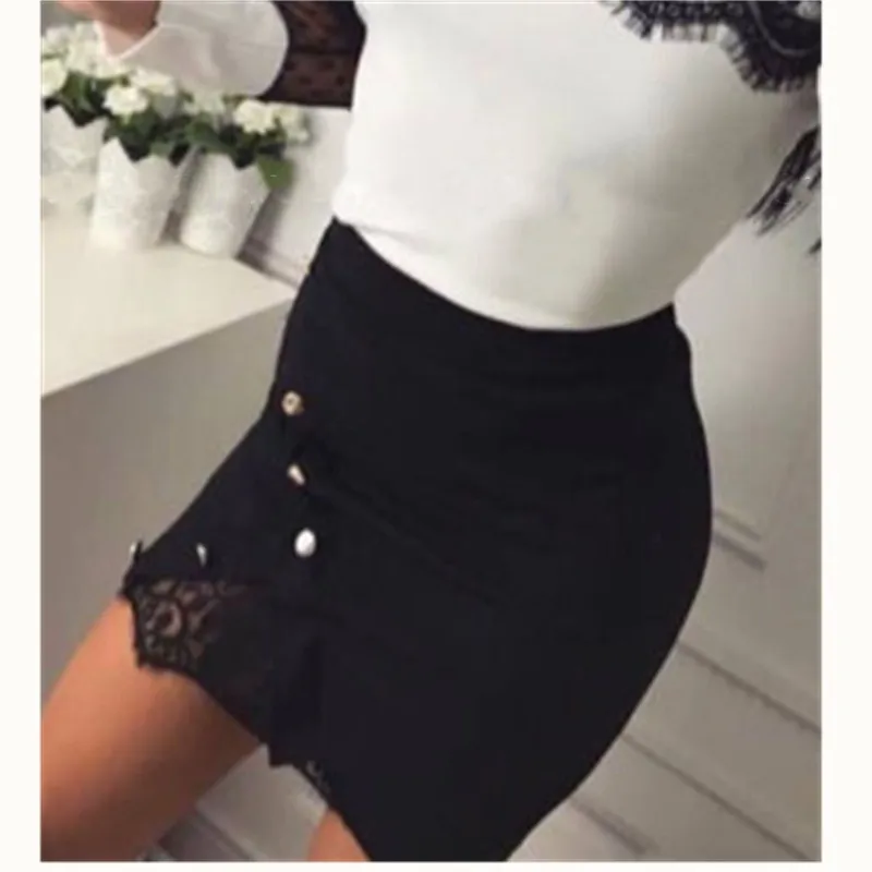 Новая модная женская приталенная юбка карандаш с высокой талией и пуговицами из кусков, кружевные Сексуальные облегающие вечерние замшевые юбки с разрезом размера плюс S-XXL - Цвет: Черный