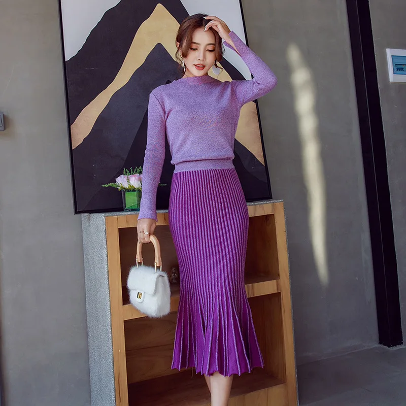Women's Fashion knit sweater two-piece skirt autumn and winter new women's sweater + skirt two-piece Pattern Knitted warm Suit