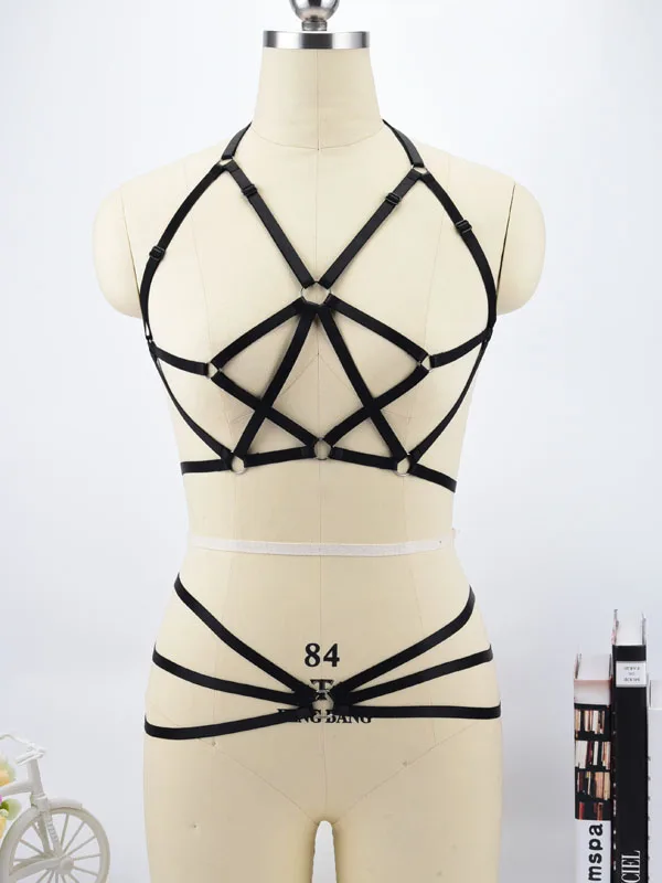 

Sexy Lingerie Bondage Harness Cage Bra Pole Dance Elastic Bra Harness Cage Harajuku Gothic bdsm bondage Thong pants Top harness