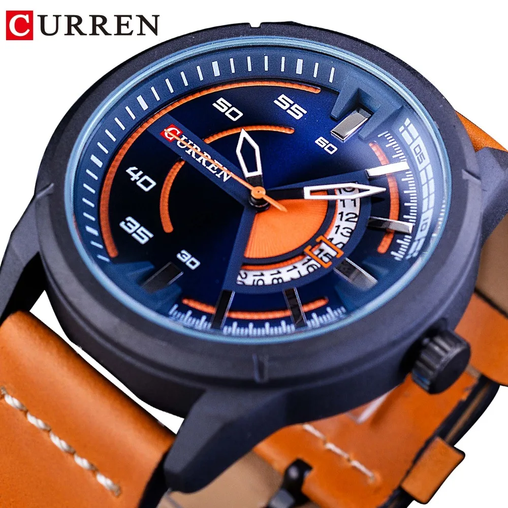 Часы CURREN Orange из натуральной кожи с ремешком 2018|Кварцевые часы| |