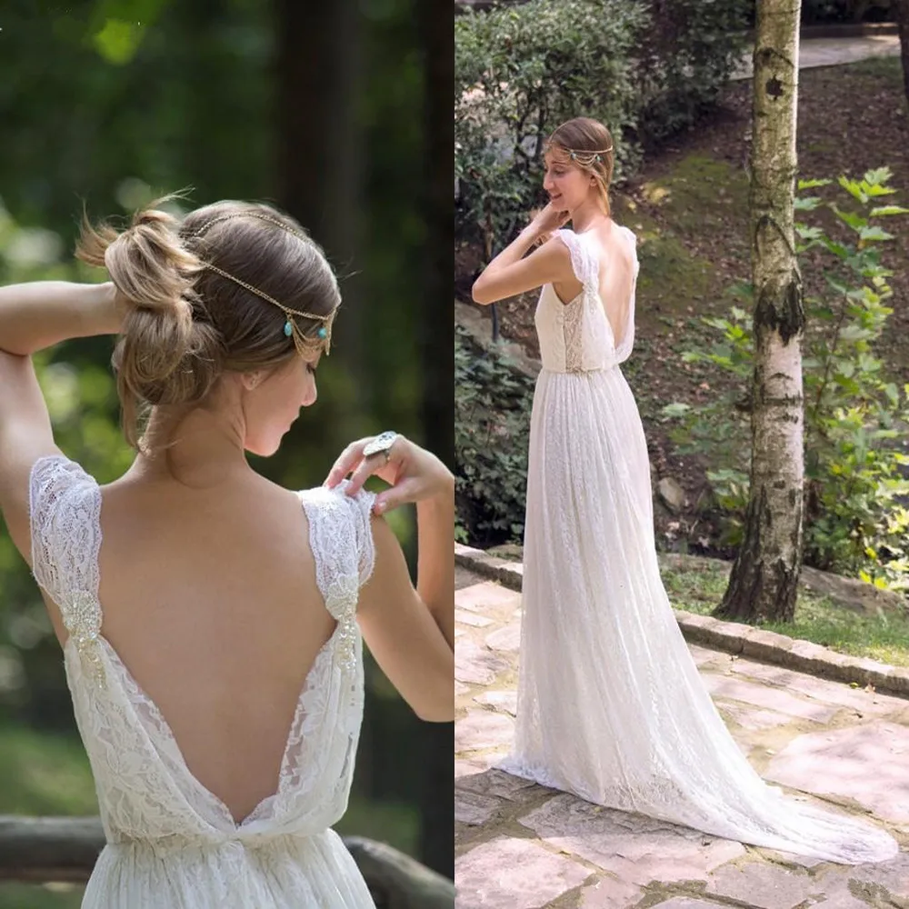 

Bohemian Wedding Dress 2016 Beaded Sleeveless Backless Wedding dresses Lace V-Neck Boho Bridal Gown Vestido de noiva de renda