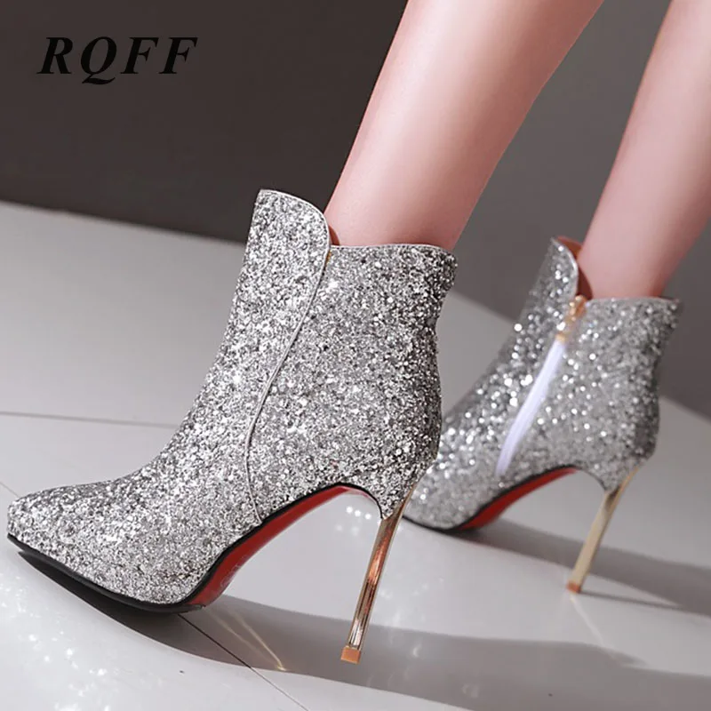 

2019 New Fashion Shoe Women Shoes for Women Sexy Ladies Ankle Boots Zip Sequins Pointed Toe Thin High Heels Boot for White Black