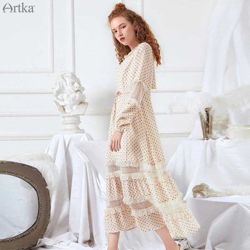 ARTKA, весенне-летние женские платья, популярные кружевные платья с круглым вырезом, милое платье в горошек для женщин, регулируемое платье с поясом LA10698C