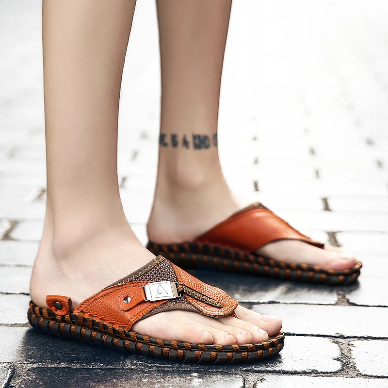 

Men Slippers 2019 New Summer Beach Genuine Leather Shoes Men Casual Sandal Flip Flops Slip-On Man Footwear Outdoor Big Size
