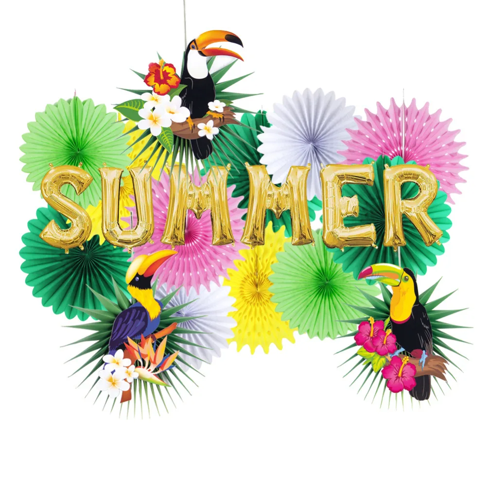 

18pcs Toucan Party Decoration Kit Palm Leaves Paper Fans Pinwheels Hawaiian Luau Tropical Jungle Summer Gold Foil Balloons