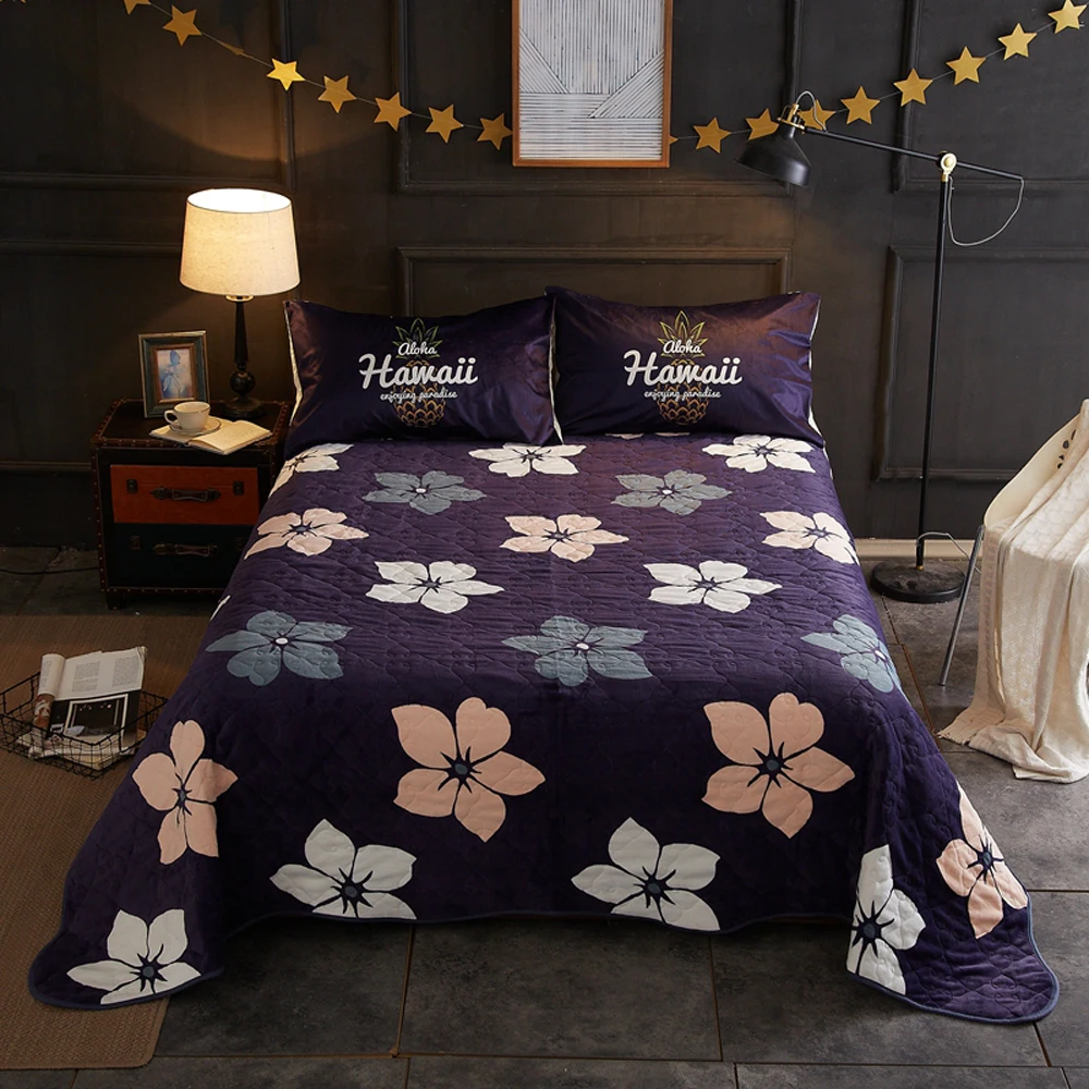 

2018 Flowers Dark Blue Quilting Bedsheet Print Microfiber Polyester Stitching Bedlinens Coverlet 3pc Bedspread Set Pillowcases