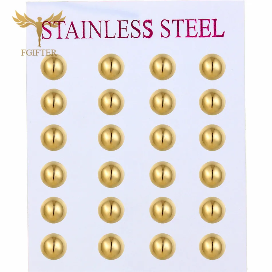 

FGifter Wholesale 8MM Ball Earrings Gold Stainless Steel Ear Stud Jewelry Women Men Children Earring Gifts 12 Pairs
