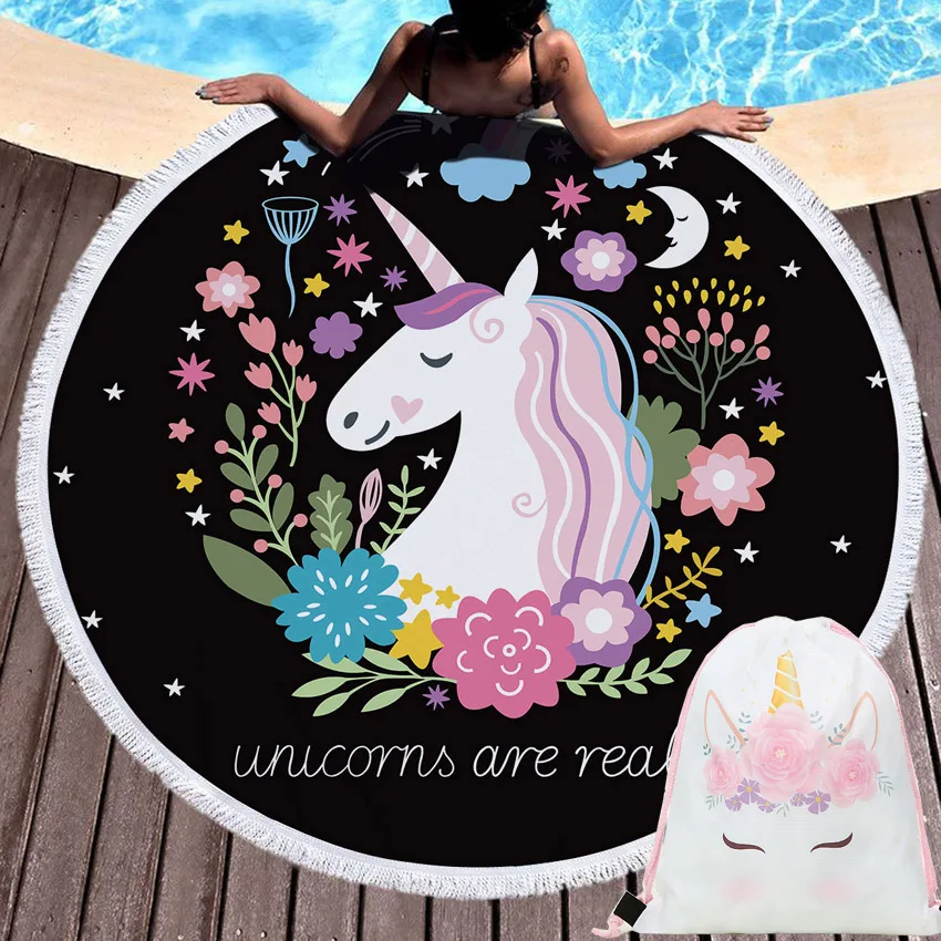 

Unicorn Beach Towels Summer Round Microfiber Cartoon Shower Towels with Drawstring Backpack Bag Blanket Carpet with Tassels