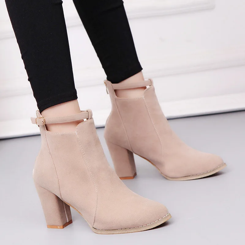 

GOXPACER Leather Buckle Boots Solid Color Shoes Women High Heel Shoes Fashion Ankle Shoes Suede Flock Short Boots Free Shipping