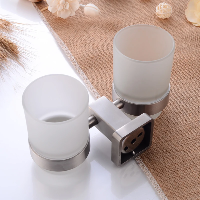 Toothbrush Holder Cup Stainless Steel 2 Glass Cup Tumbler Holders Set Wall Mounted Toothpaste Storage Rack Bathroom Accessories Toothbrush Holder Cup Stainless Steel 2 Glass Cup Tumbler Holders Set Wall Mounted Toothpaste Storage Rack Bathroom Accessories