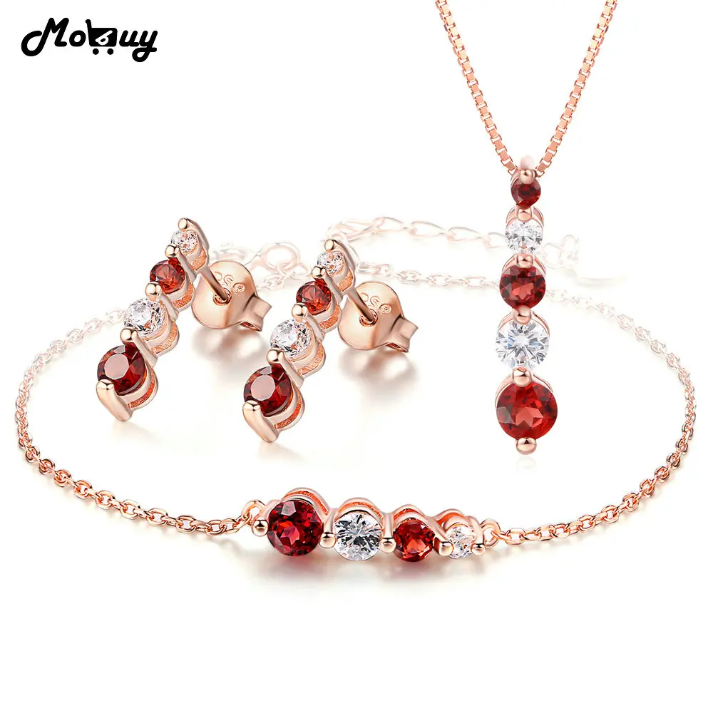 

MoBuy Romantic Red Garnet Natural Gemstone 3pcs Jewelry Sets 100% 925 Sterling Silver Fine Jewelry For Women Wedding V041EHN
