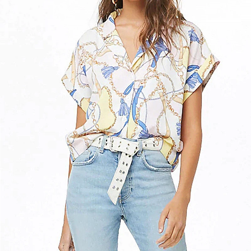 

Vintage Print Summer Tees Tops Women Fashion Button Turn-Down Loose Short Sleeve Casual T-Shirts Vogue Wild Beach Top Ladies New