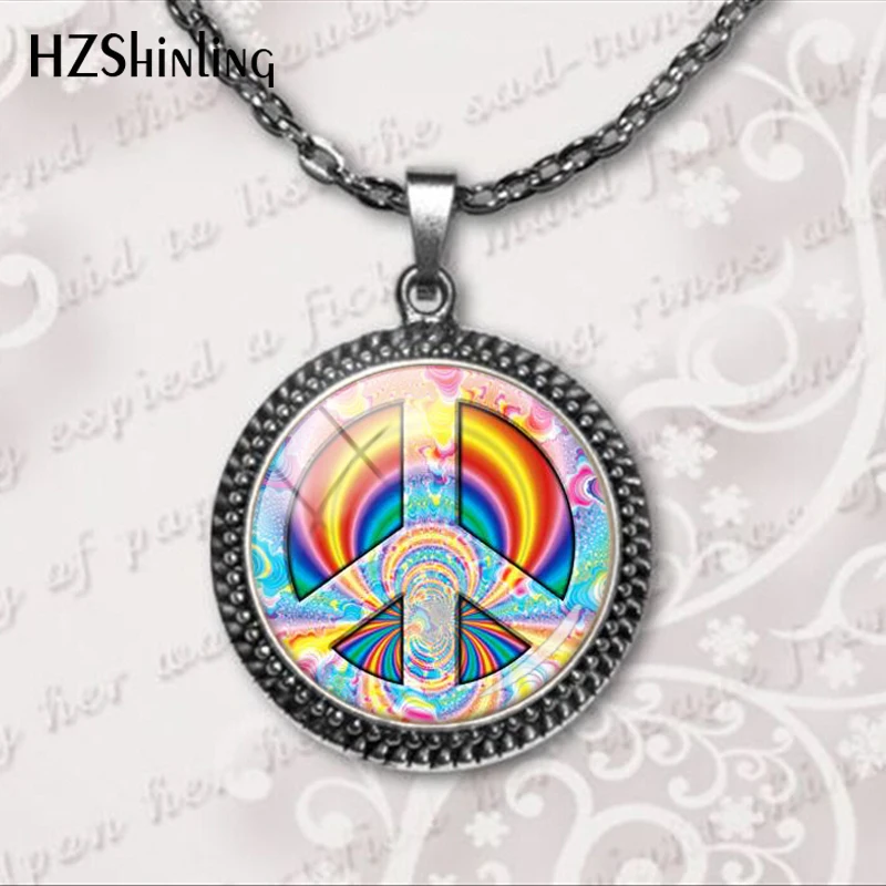 

New Fashion Trendy Hippies Peace and Love Sign Glass Cabochon Pendant Necklace Dome Statement Necklaces HZ1