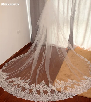 

New Arrival 2 Layers Cathedral Long Sequins Lace Wedding Veil with Blusher 3 Meters Cover Face Bridal Veil with Comb