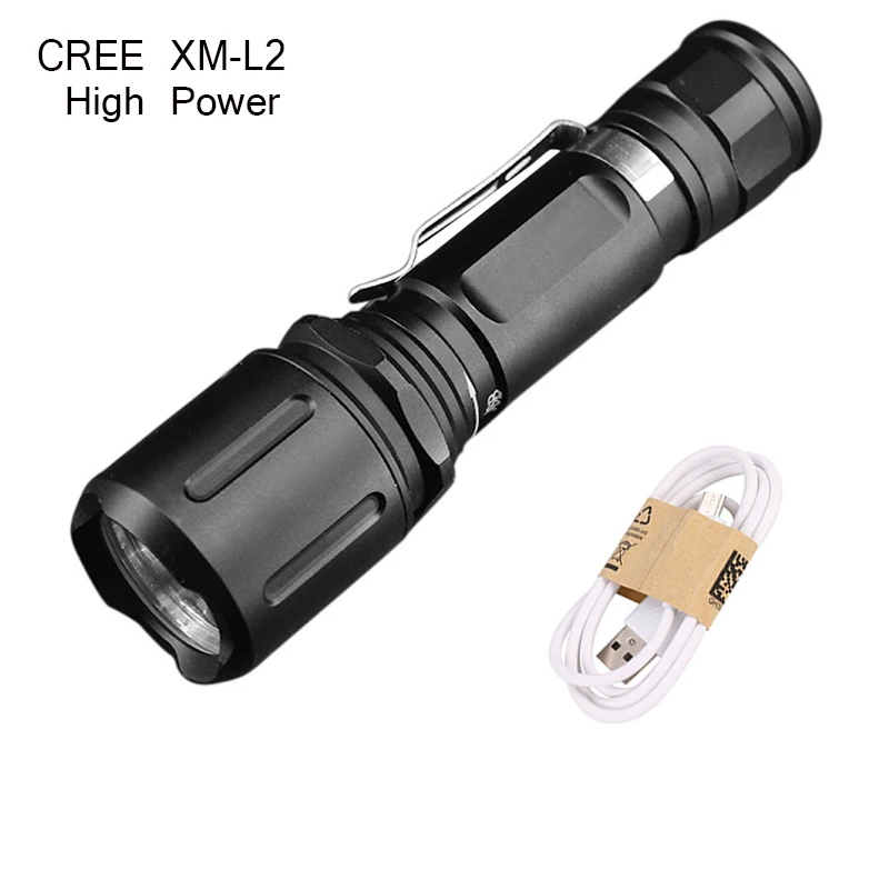 

Tactical USB Flashlight 4000 Lumen Cree XM-L2 Super Bright Led Lantern Rechargeable Torch with USB Cable and 18650 Battery