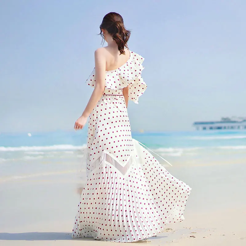 Высококачественное платье для автопортретов, женское Плиссированное длинное пляжное платье в горошек, сексуальное летнее платье со складками на одно плечо