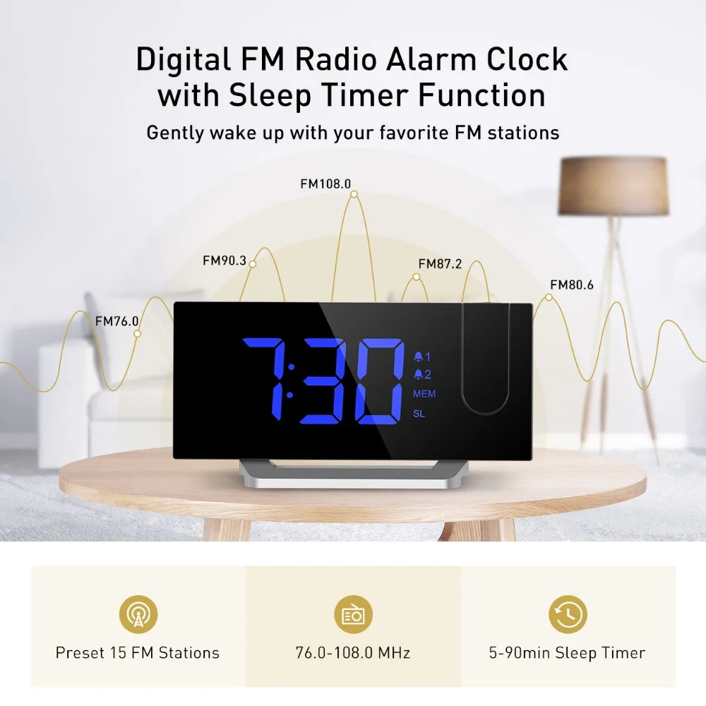 MPOW светодиодный FM проекционные часы 2 будильника многофункциональный изогнутый
