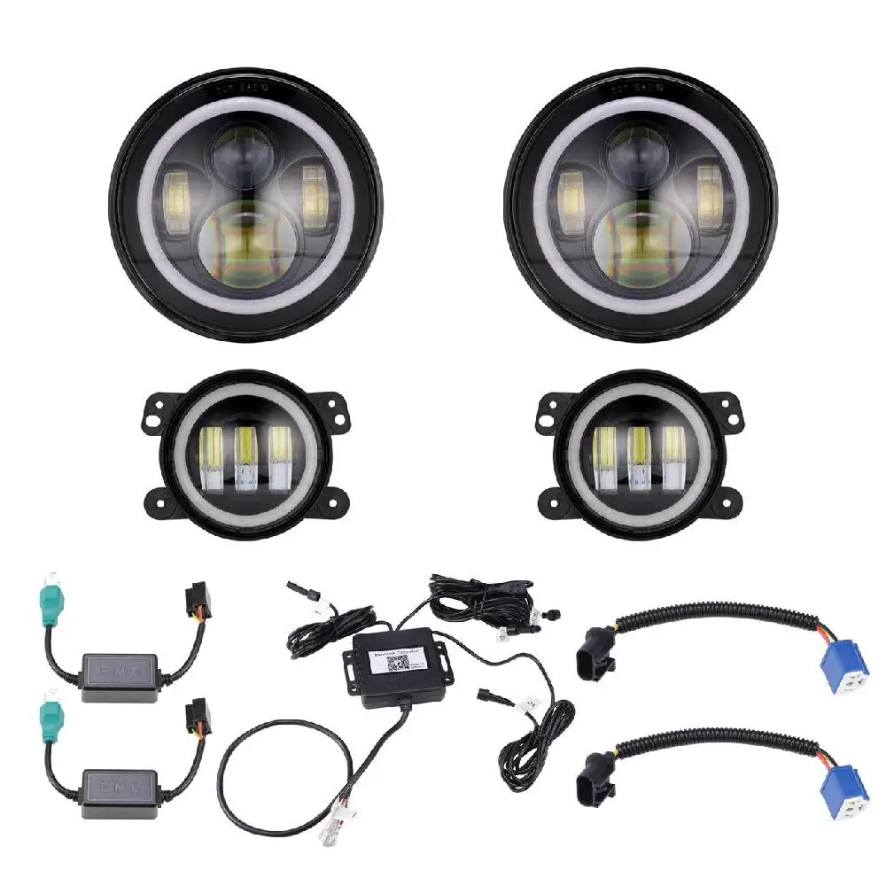 

Partol 7" Round LED Headlight Lamp with Rotating RGB Halo Ring Angel Eyes Multi-color Changing Hi/Lo Beam + Fog Light Kit Combo