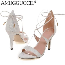 2017 New Plus Big Size 32-43 White Pink Gray Lace Up Fashion Sexy High Heel Summer Girl Female Lady Women Sandals L873