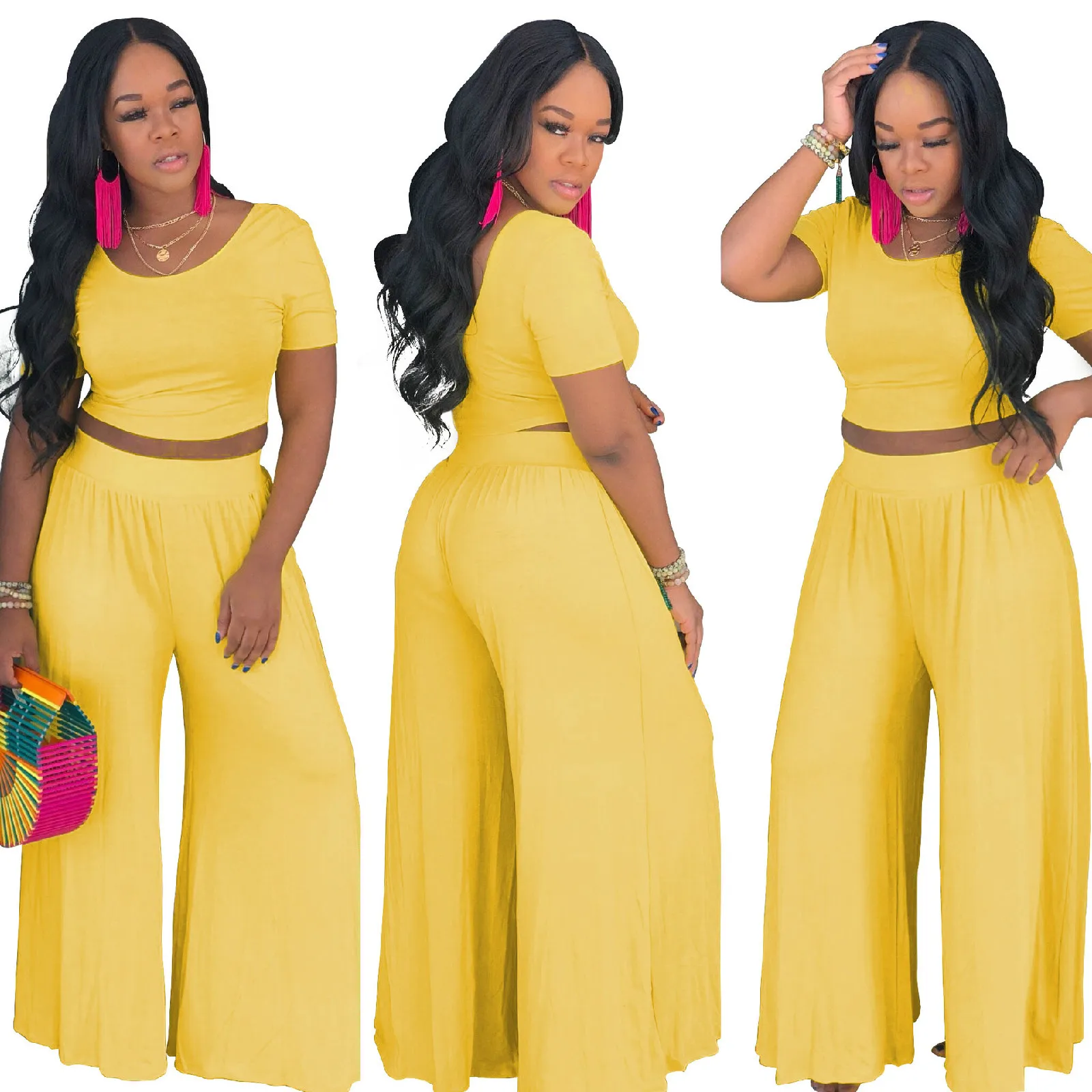 

Neon Yellow Orange Two Piece Tracksuit Women Clothes O Neck Short Sleeve Crop Top And Wide Leg Pants Summer Matching Set Outfit
