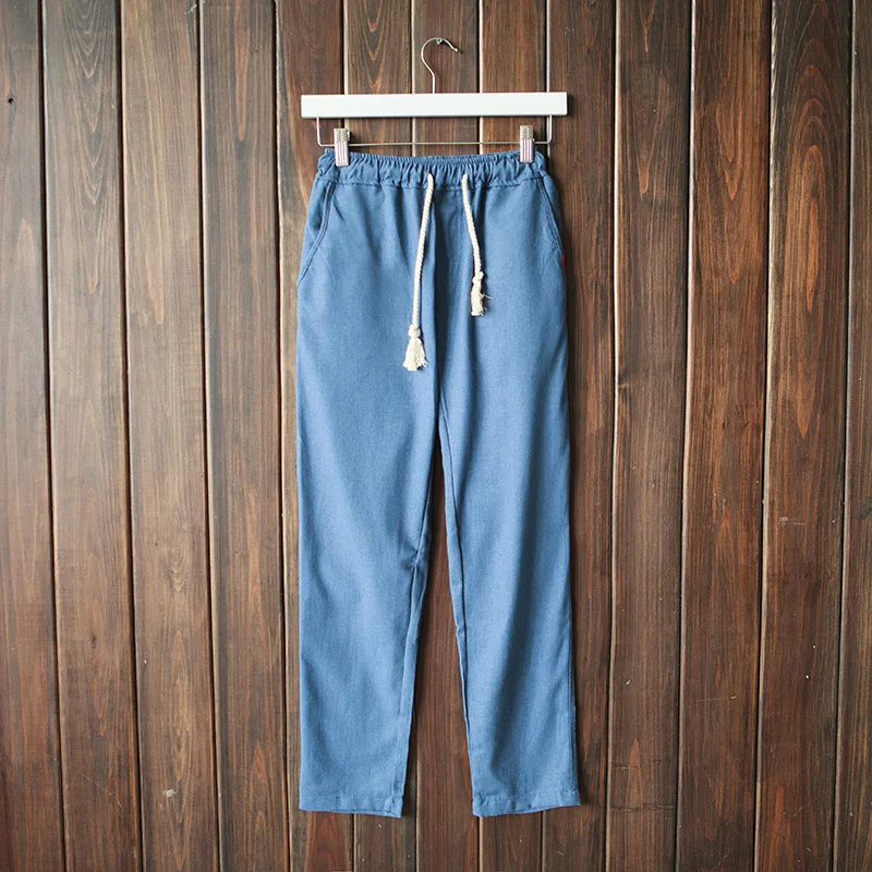 

Summer linen solid color men's trousers, drawstring elastic waist loose breathable cotton and linen wild Harlan casual trousers
