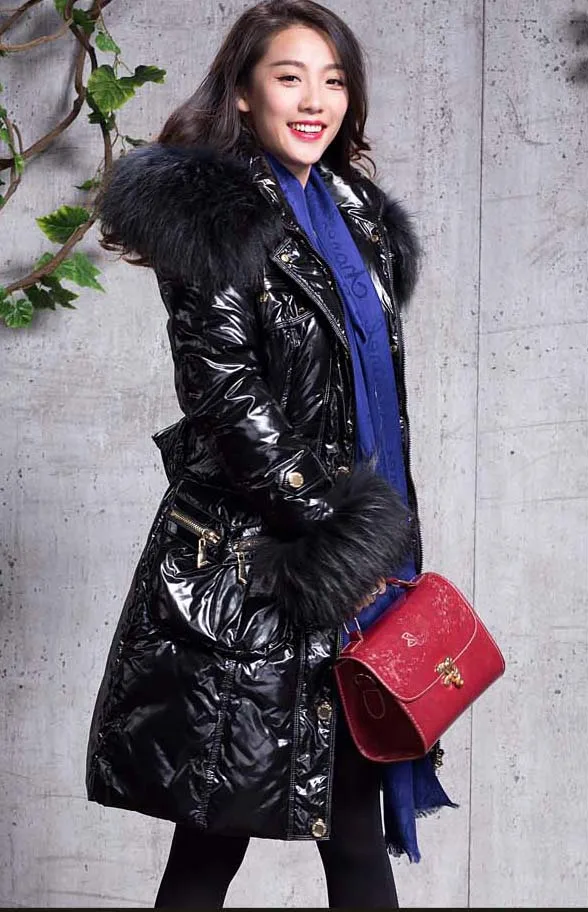 

new 2018 woman duck down coat with a large raccoon dog fur hood long parkas jacket for lady shiny flare black plus size xl