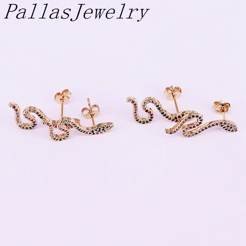 5Pairs New fashion Micro Pave Rainbow Cz Zirconia Gold Filled Snake Stud Earrings Colorful Delicate Top Quality Jewelry