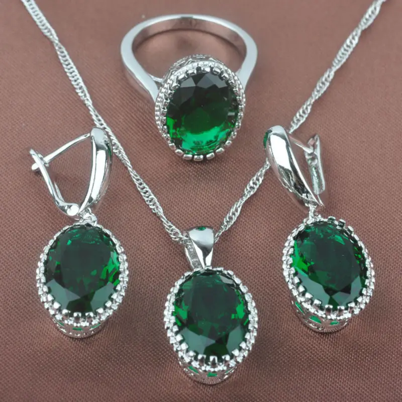 

Egg Design Green Stone Women's 925 Silver Color Jewelry Sets Cubic Zirconia Necklace Pendant Earrings Rings Free Shipping TZ0192