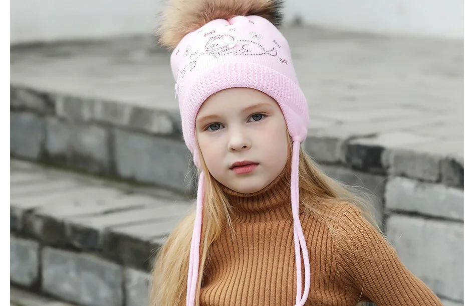 Cap's Children Skullies Beanies Pink Bowknot Double layer Knitted Hat Warm Beanies Kids Hat With Fur Pompom Winter Beanie (13)