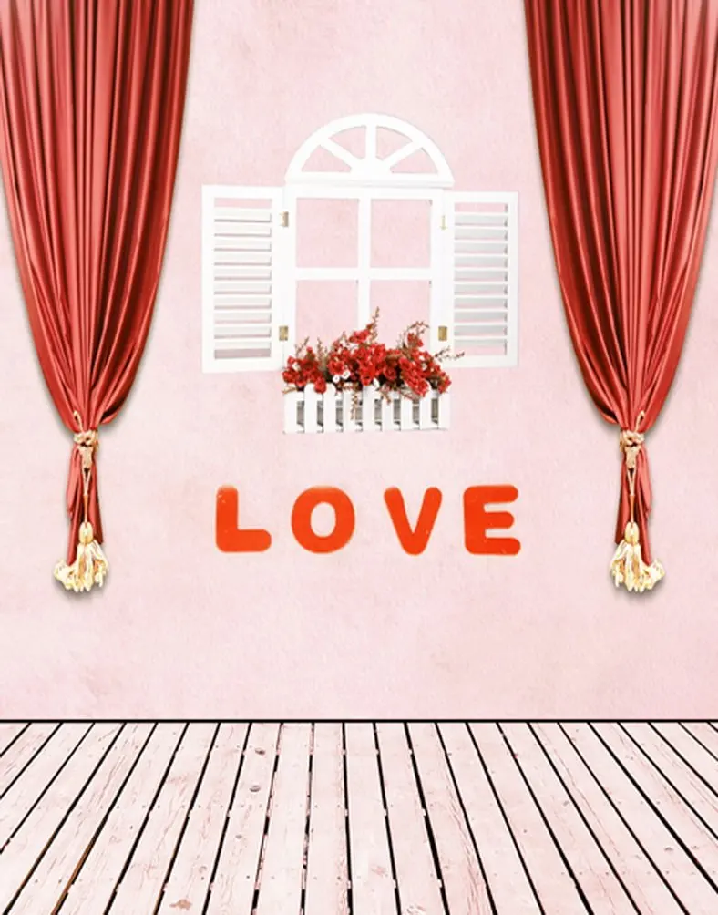 

5x7ft Wooden Floor Love Red Flowers Photography Backdrops Photo Props Studio Background