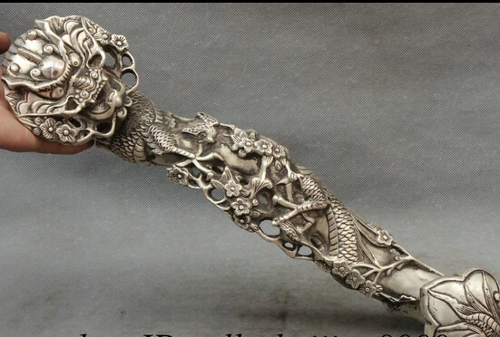

JP S0608 18" Folk Chinese Silver Wealth Dragon Head Statue China Brass JiXiang RuYi Set