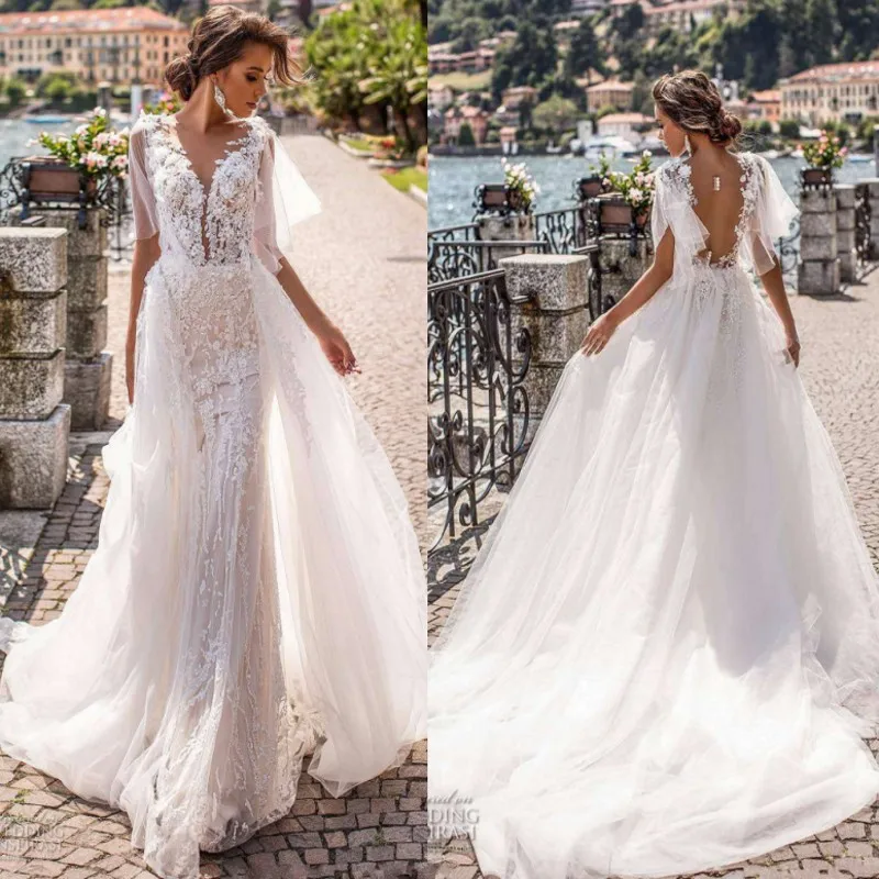 

New Arrival A-Line Lace Wedding Dress 2019 Sexy V neck Backless Appliques Short Sleeve Vestido De Noiva Fashion Wedding G