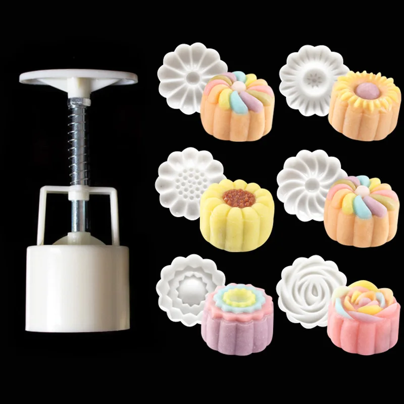 NEW 3D Rose Flower Mooncake Mold Hand Pressure Mould 1 Barrel 6 Stamps DIY Cake DecorationTool