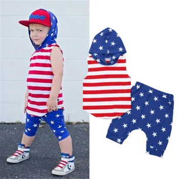 

American Independence Day Baby Set Star Striped Print Hooded Sweater Boy Tops Set Flag Short Pants Kids Infant Boy Clothing Set