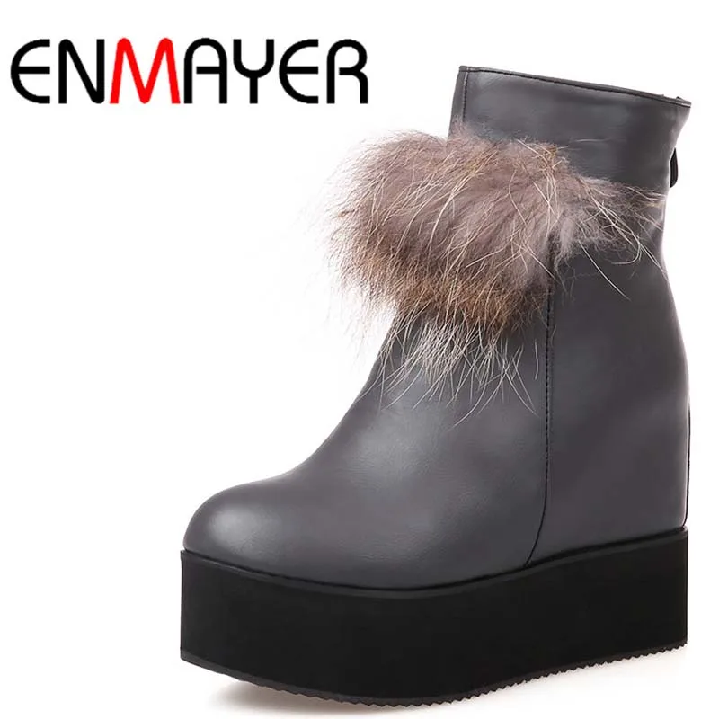 

ENMAYER New Fashion Women Boots Thick Fur Inside Round Toe Zipper Winter Boots High Quality Black Platform Snow Ankle Boots