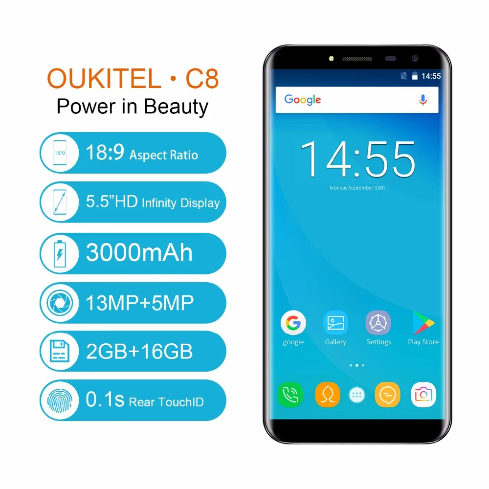 Oukitel C8 18:9 Дисплей 5." Смартфон Android 7.0 MT6580A 4 ядра 3000 мАч 2 ГБ+ 16 ГБ отпечатков пальцев 13MP мобильного телефона