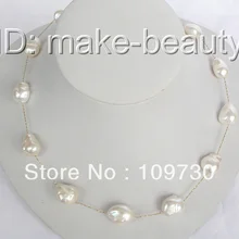 Ювелирные изделия 00603 потрясающий большой 15 мм барокко белый жемчуг 14KGP золотая цепочка, колье