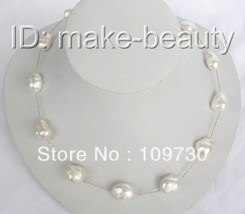 

Jewelry 00603 stunning big 15mm baroque white pearls 14KGP gold chain necklace