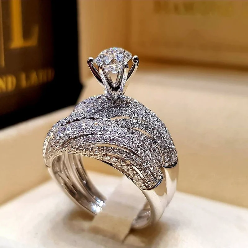 SHUANGR кристалл белый круглый набор колец Роскошные обещания серебряного цвета обручальное кольцо винтажные свадебные кольца для женщин ювелирные изделия Anel