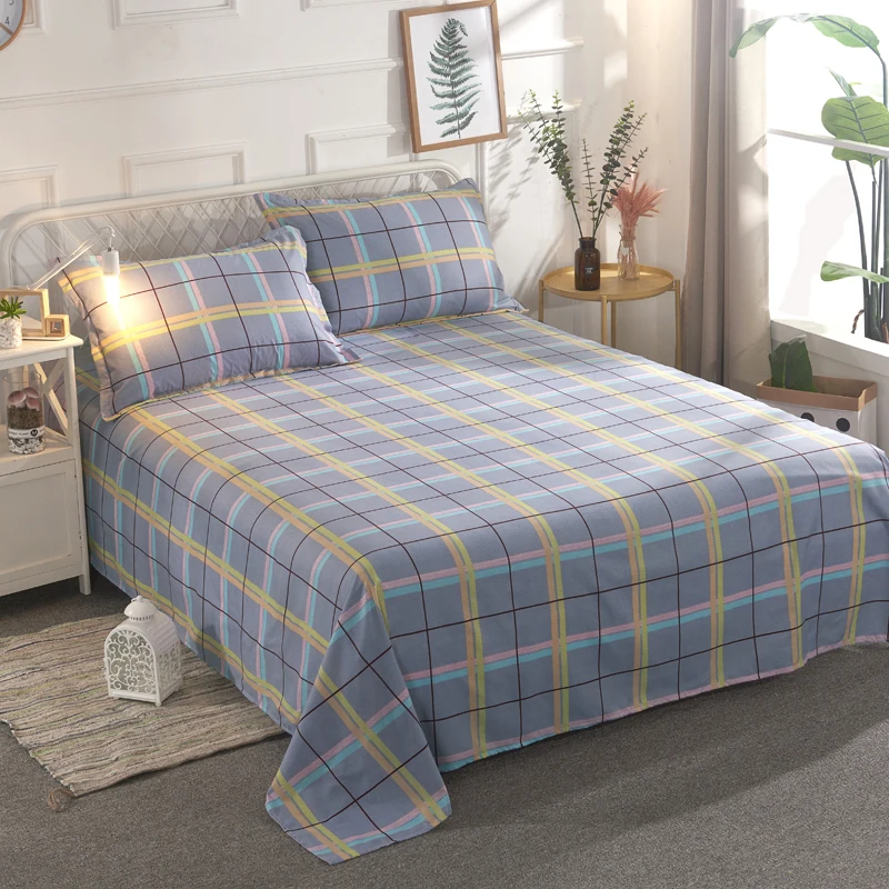 Plaid Polyester Flat Sheet Kids Adults Twin Queen size 3Pcs Ultra Soft Bed Sheets set Pillow shams Wrinkle Resistant Not Fade