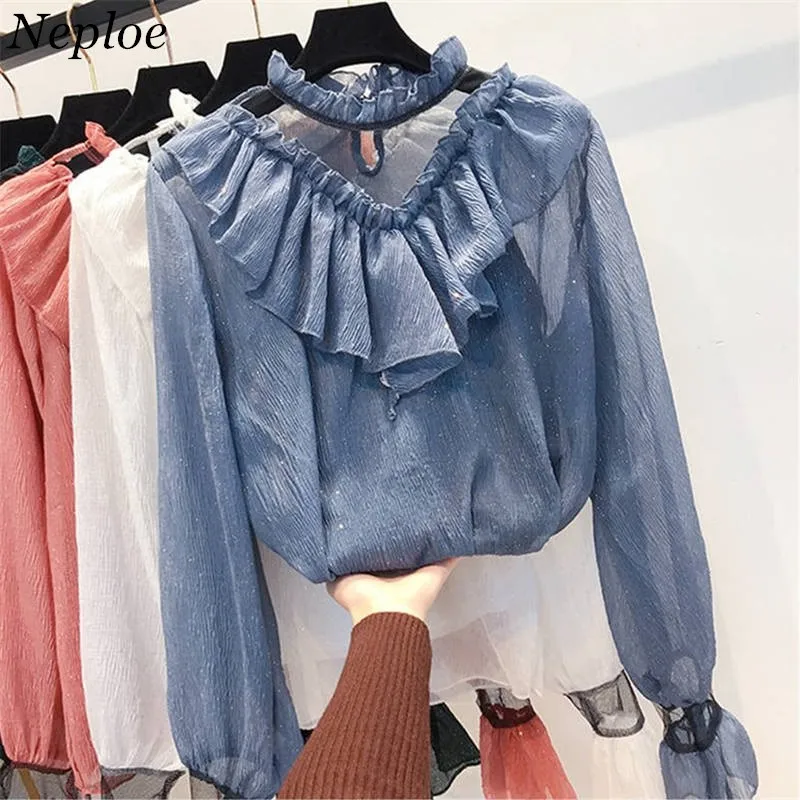 

Neploe Women Blouse 2 Sets Ruffles Patchwork Shirt Long Sleeve Stand Neck Blouse Fashion Sweet Female Two Pieces Sets Tops 37920