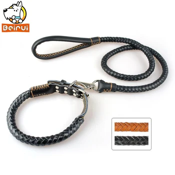

Braided Rolled Genuine Leather Dog Pet Collars and leash set Adjustable for Medium Dogs