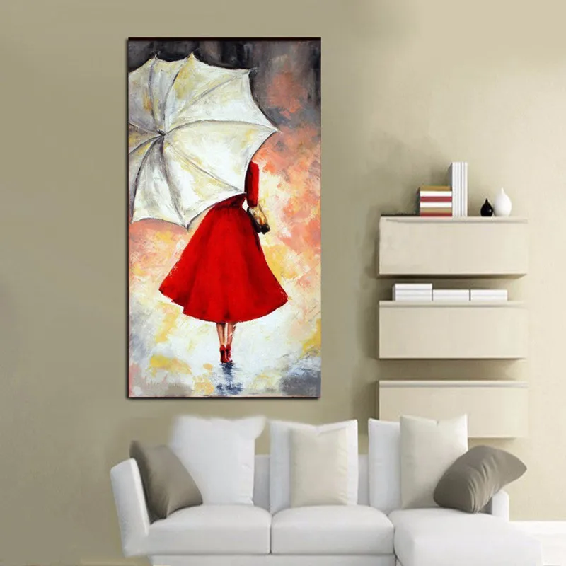 

Large Handmade Red Woman Umbrella Painting Home Decor Wall Art Pictures Hand Painted Abstract Figure Oil Paintings on Canvas