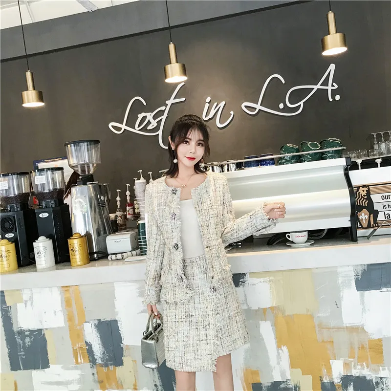 

YiLin Kay2018 Winter Tweed Two Piece Sets Clothing Women Long Sleeve Jacket + Tassel Mini Vest Dress 2 Piece Dress Suit